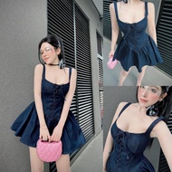 2-strap jeans dress with square neck, woven chest strap, hacked waist, sexy big-size going out jeans