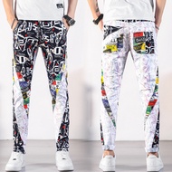 Summer Unique Printed Street Wear Jeans Men Korean Version Slim-fit Small Feet Stretch Graffiti Tren