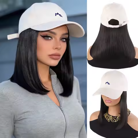 Beige Baseball Cap with Synthetic Fiber Straight Medium-Length Hair – Integrated Wig Hat for Women,