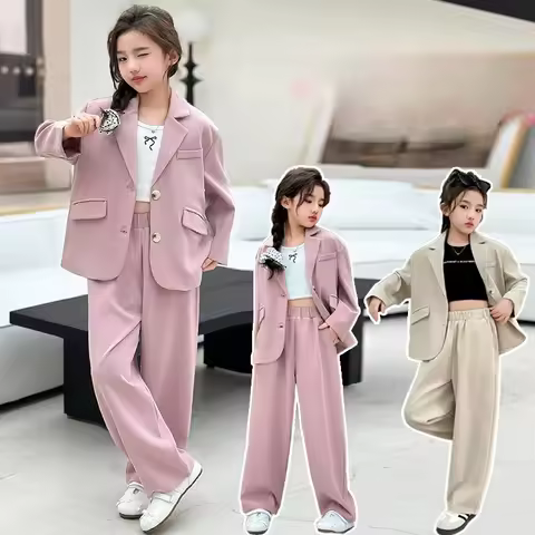 teen girls teen girls suit jacket set spring autumn Blazer+Wide leg pants 2pcs junior kids trousers 