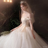 Wedding dress for ninang☫✎Starry Lord Wedding Dress 2021 New Bride Wedding Temperament One Word Shou