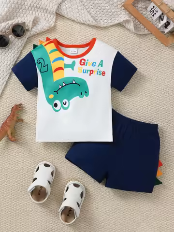 2Pcs Boy baby Casual Set Cartoon Dinosaur short sleeved+navy blue shorts set for Handsome Boys 0-3 Y