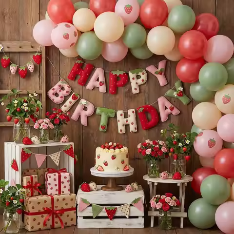 2D Felt Strawberry Theme Birthday Party Banner Decoration Sweet Baby Shower Wedding Party Supply