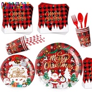 Premium White Cardstock Christmas Tableware - Classic Plaid Design Disposable Plates Cups Napkins Ba