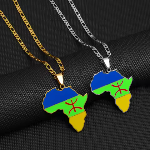 Anniyo Africa Map Berbers Pendant Necklaces African Berber Jewelry for Women Men Morocco Algeria Tun