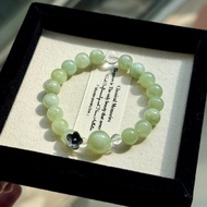 天然青提奶蓋岫玉手串 尺寸 9.6mm 左右 搭配天然白水晶