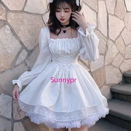 Womens Long Sleeved Lolita Black Dress Gothic Aesthetics Fluffy Sleeves High Waist Strap Skirt
