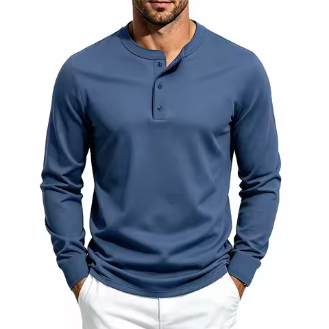 Men's 1-Piece Henry Three-Button Long-Sleeve T-Shirt, Soft, Breathable, Sweat-Wicking Casual Henry L