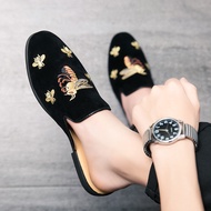 EIFAK Mules Shoes for Men Velvet Half Shoes Leather Shoes British Style Fashion Embroidery Flats Hal