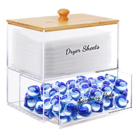 Acrylic Laundry Pods Organizer Double Layer Acrylic Storage Box with Bamboo Lid Dryer Sheets Contain