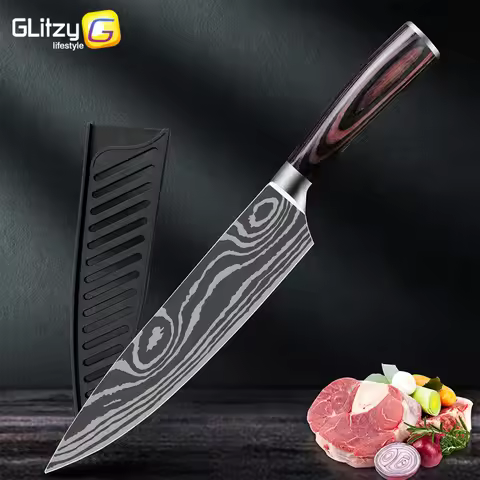 Kitchen Knife Set Damascus Laser Chef Knives 7CR17 440C Stainless Steel Japanese Meat Cleaver Slicer