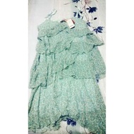 全新 cumar s號 藍綠色綁帶無袖細肩帶碎花洋裝 含吊牌 刺繡綁帶 舞會洋裝