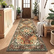 Yamaziot Washable Runner Rug, 3x8 Non-Slip Boho Vintage Hallway Rug with Rubber Backing, Low Pile Fa