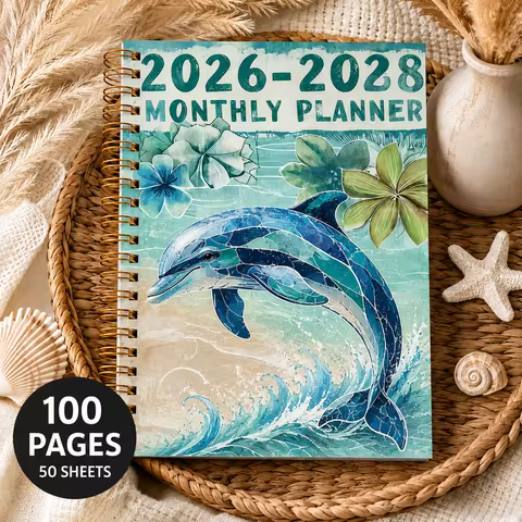 2026-2028 3 Year Spiral Planner, Monthly & Daily Agenda, Cute Dolphin Cover, 5.5"x8.3" Compact Noteb