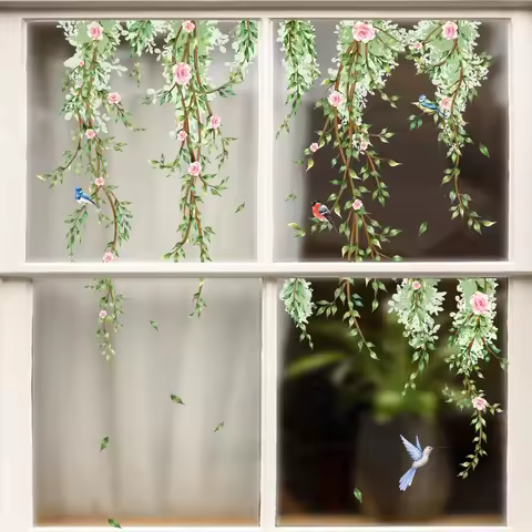 Creative Vine Green Plant Butterfly Flower Window Sticker for Home Glass Shop Window Decal Double Si