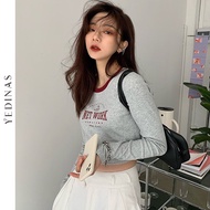Yedinas Letter Print Long Sleeve Crop Top Women Sexy Slim T-shirt Gray Vintage Korean Clothes Spring Harajuku Streetwear 90s Top