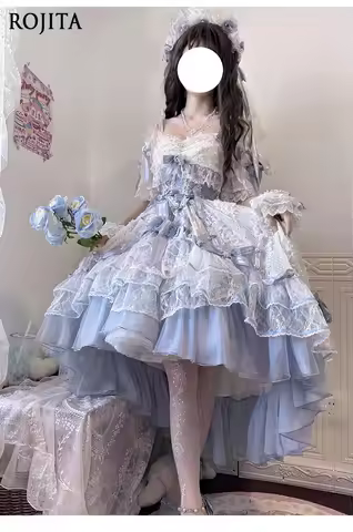 Vintage Irregular Front Short Back Long Princess Dress Lolita Dress Evening Gown Female Blue Dress C