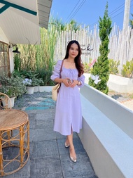 Minggy.Brand : Violet Dress เดรสม่วงแขนพอง ผูกโบว์ สม็อคหลัง ผ่าหน้า