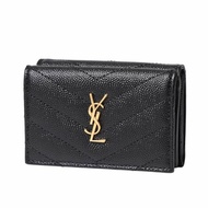 【YSL】SAINT LAURENT Monogram 荔枝皮 皮革 三折開釦 短夾 卡夾 零錢包 黑色 金色 668274