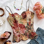 Women's Floral Jacquard Fashion Cottagecore Retro Vintage 70s 1950 2000s Romantic Beaded Strap Top O