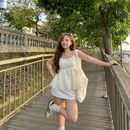 (PB.HAVANA) Áo hai dây AURORA nền be dáng xoè đính hoa nổi summer AO485