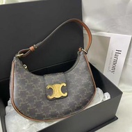 🎉Celine AVA 凱旋門老花滿印帆布小牛皮手提腋下單肩包 女款 棕色