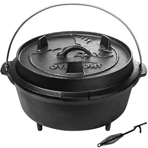 Camp Dutch Oven Pre Seasoned Cast Iron Lid Also a Skillet Casserole Pot with Lid Lifter for Camping 