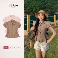 Women's Checkered Waist Blouse - TOGO, Cotton Foam Fabric, Raw Cotton ASM08 - MINA STYLE