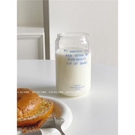 YOUNGFIRE 原創藍色字母印花易拉罐透明耐高溫玻璃水杯牛奶早餐杯