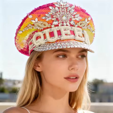 HongLuan QUEEN Red Captain Hat Rhinestone for Burning Man Festival Woman, Rave Festivals Accessories