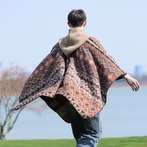 Hooded Poncho Split Shoulder Shawl Men's Travel Clothing Ethnic Style Padded Cloak for All Seasons C
