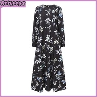 Women Vintage Long Dress Summer O Neck Long Sleeves Swing Dress Loose Fit Leaf Print Long Sleeves Ca