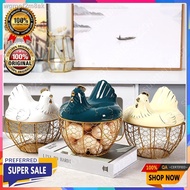 COD▲✇∋Large Stainless Steel Mesh Wire Egg Storage Basket with Ceramic Farm Chicken Top and Handles