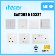 HAGER MUSE SWITCHES & SOCKET 1Gang / 2Gang / 3Gang / 4Gang / 1G2W/ 20A / 13A & 15A Socket/ Doorbell