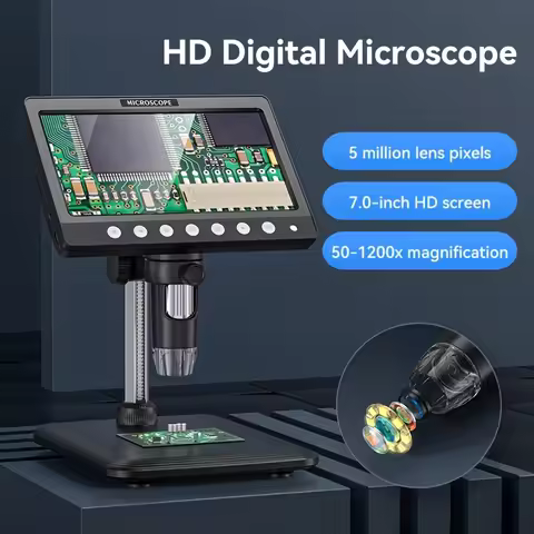 7" HD Digital Microscope, 5M Pixel Screen, 1200X, 8 LED, USB Rechargeable, 32GB SD, Coin, Laptop Com