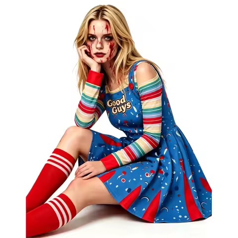 Adult Chucky Cosplay Costume with Women Dress and Jumpsuit for Chucky Overalls Halloween Costumes