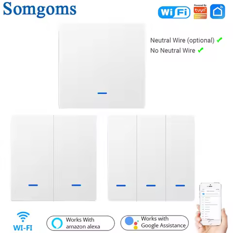 Somgoms WiFi Smart Push Button Switch RF433 No Neutral Required Tuya APP Control Alexa Google Home V