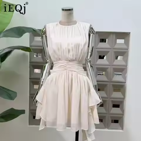 IEQJ Summer O-neck Sleeveless Zipper Folds Irregular Ruffled Dress Women Draped Slimming Waist Mini 