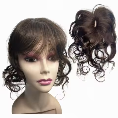 35cm Clip-in Curly Topper With BangsHuman Hair Toppers for Women Body Wavy Hair Extension Hair Piece