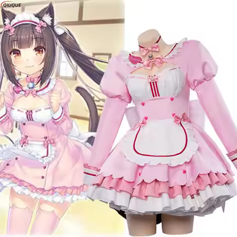 Nekopara Chocolate Cosplay Costume Maid Lolita Dress with Headband Pink Skirts Cat Ear Hairband Girl
