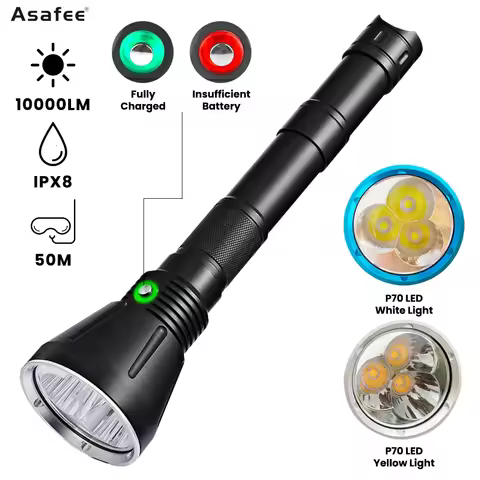 Asafee 50M Underwater 10000LM Professional LED Diving Flashlight XHP70 IPX8 Waterproof White/Yellow 