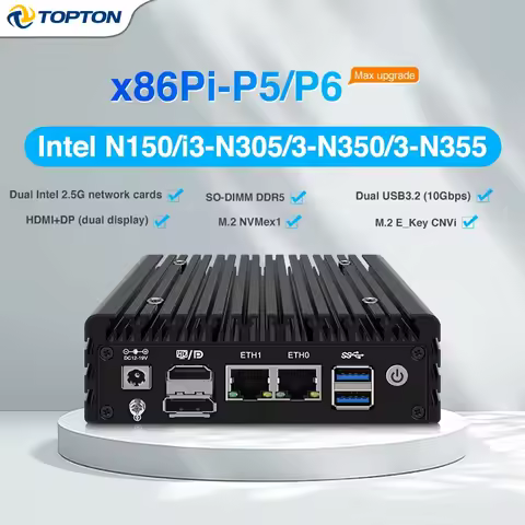 Fanless NAS Mini PC P5 P6 Intel N355 N350 N150 7M.2 NVMe 6SATA Kit DDR5 Dual 2.5G LAN HDMI Firewall 