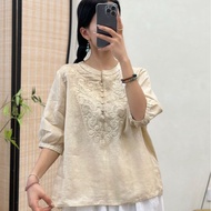 Spring All-Match T-Shirt Large Size Women's Half-Sleeve Stand-Up Collar Embroidered Cotton Linen Art