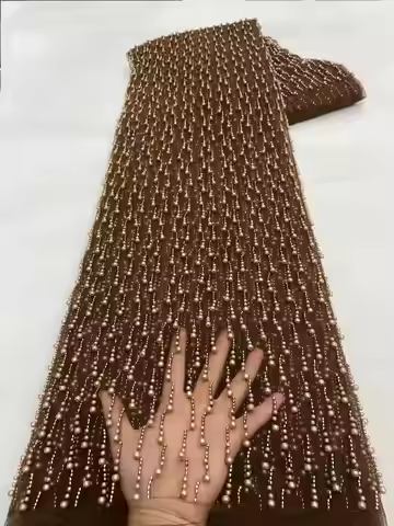 African Coffee Sequins Lace Fabric High Quality Beaded French Net 2025 Pearls And Beads Tulle Lace S