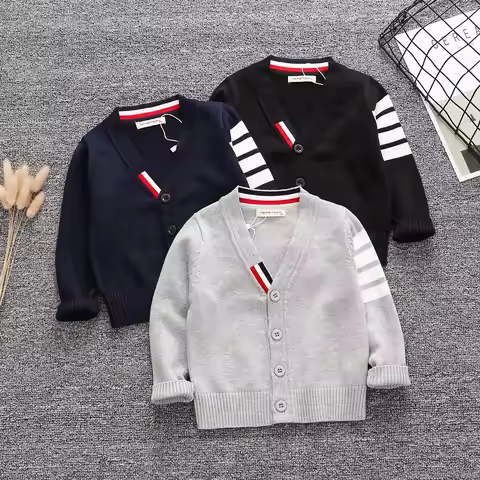 Ins Kids Boys Fashion V neck Cardigan Korean Style long sleeve strip sweater Children's Knitted card
