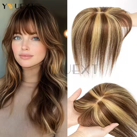 Clips in Human Hair Toppers Natural Scalp Top to Hide Bald with Bangs Hair 8x12cm Base Net Nature St