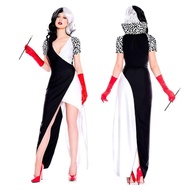 Movie Cruella De Vil Costume Black White Witch Cruella Dress Short Sleeve Long Dress Halloween Carni