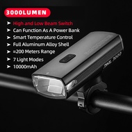 ROCKBROS Bicycle Light 3000LM 10000mAh Type-C Charging IPX6 Double Light 6 Modes Power Bank MTB Road