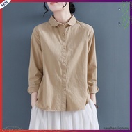 LAHSTORE women's loose long-sleeved linen shirt with youthful lotus collar ASM22 (Blue)