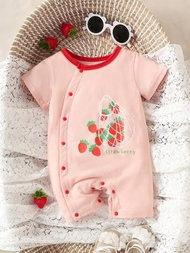 女嬰可愛草莓籃印花拼色圓領短袖連身衣按扣舒適柔軟速乾適合春夏季節